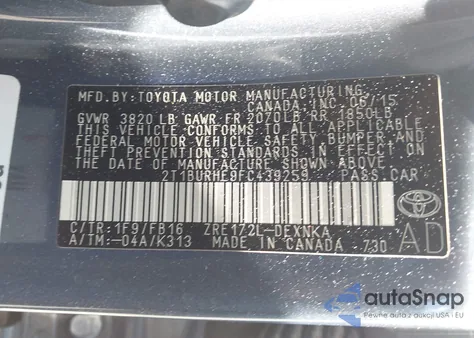 2015 Toyota Corolla Le from USA, damaged, VIN 2T1BURHE9FC439259